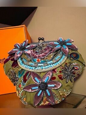 Mary Frances Vintage Olive & Mauve Floral Beaded Clutch, NWT